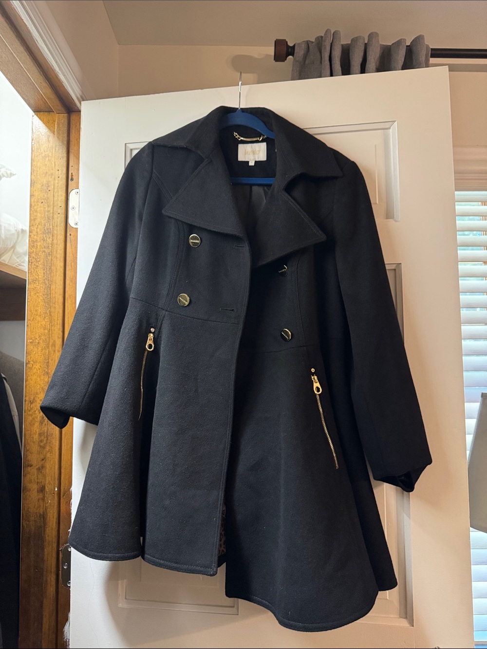 Laundry By Shelli Segal Black Double-Breasted Pea Coat with Gold Zippers